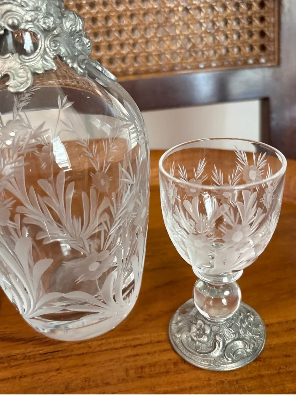 Vintage Peltro Claret Crystal Jug? W/ Pewter. 95% 3 Small Glasses—Italy— barware